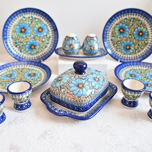 Breakfast set hand painted Boleslawiec dinnerware with blue flowers