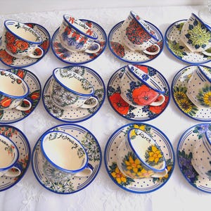 Monthly Blossoms – Hand Painted Polish Pottery Teacup by Month, Choose Your Flower