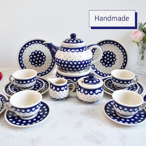 Hand painted Boleslawiec pottery dots pattern dinner set, Polish pottery dots tea set fo 6, Stoneware tea set with warmer unikat
