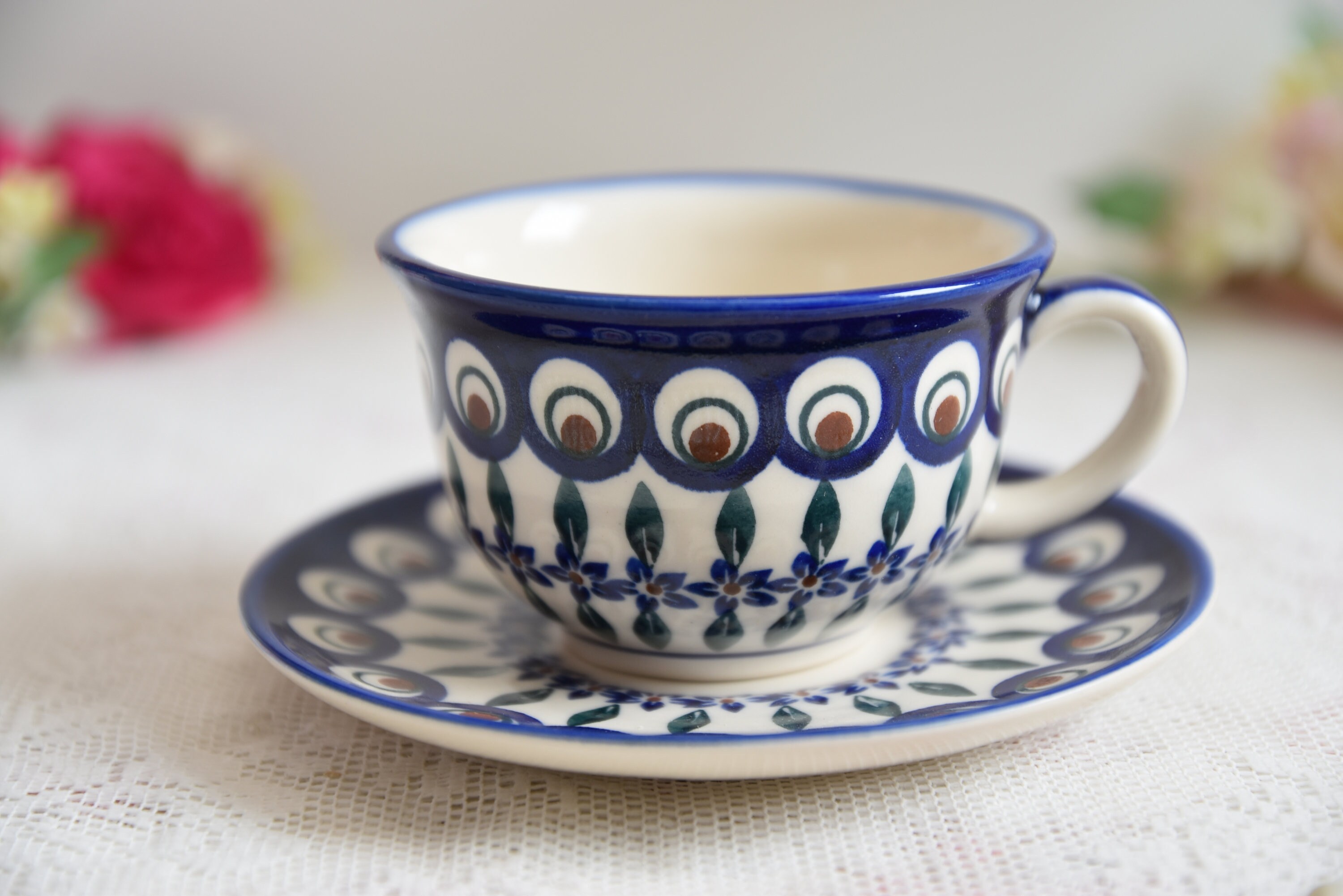 Hand painted Boleslawiec tea cup coffee mug polish pottery cup and plate polish stoneware bunzlau ceramics