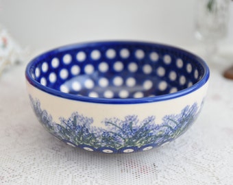 Polka dot polish pottery salad bowl with hand painted decoration made in Poland Boleslawiec