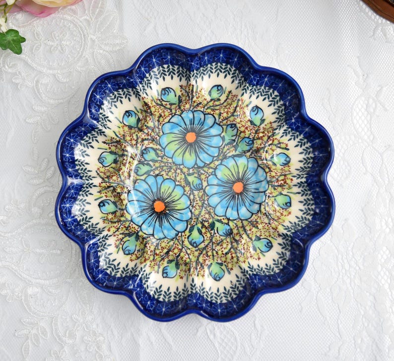 Handmade Polish pottery egg plate with blue floral pattern – Boleslawiec ceramic deviled egg dish