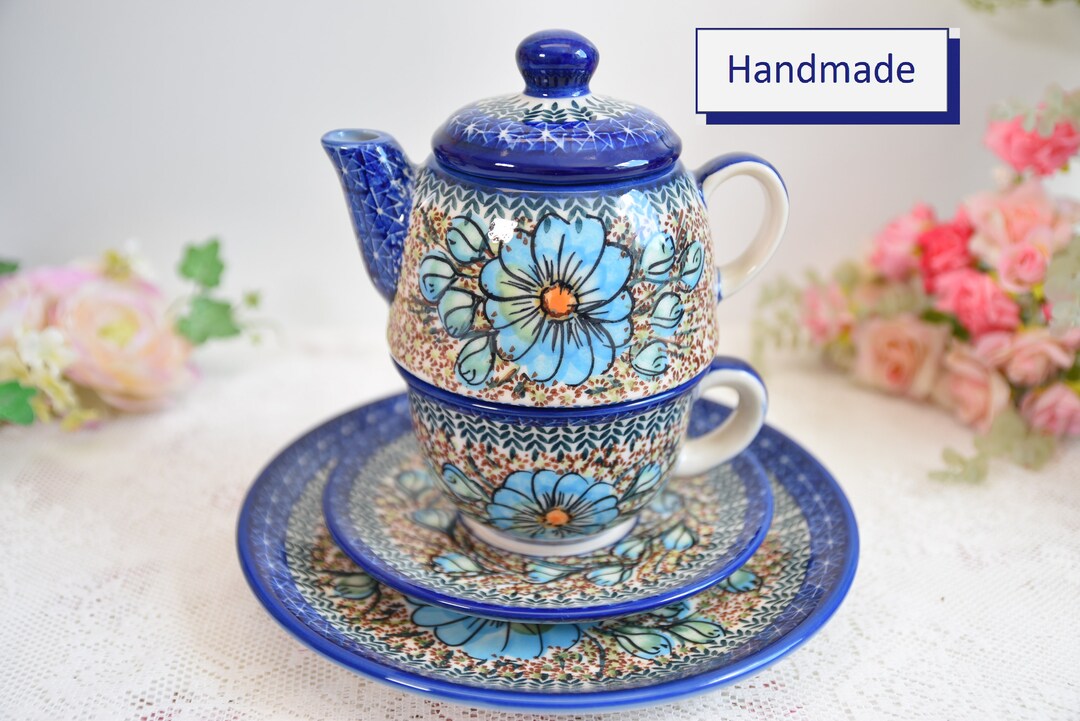 Hand Painted Tea Set for One With Handmade Teapot Cup and Saucer From