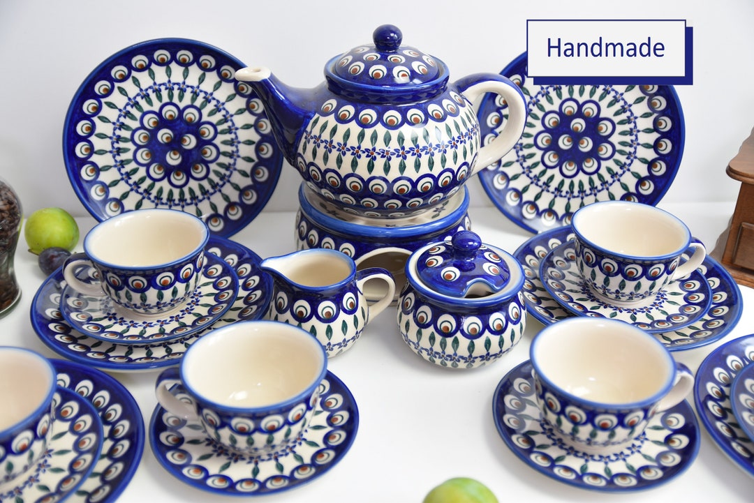 新品⭐︎Boleslawiec セラミック皿 3点セット Handpainted Ceramic Tea Set With Peacock Eye Decoration, Polish