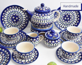 Handpainted ceramic tea set with peacock eye decoration, Polish Boleslawiec pottery peacock pattern, Polish pottery peacock