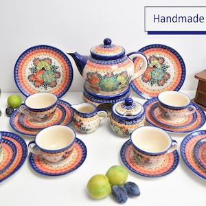 Stoneware dinnerware set Boleslawiec, Stoneware tea set, Stoneware dinner set, Polish pottery dinnerware set, Handmade tea set, Stoneware