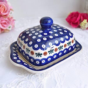 Polish Pottery Butter Dish Handcrafted Boleslawiec Butter Keeper Blue Floral Folk Ceramic Covered Dish for Kitchen Decor