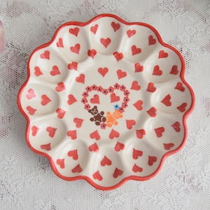 Polish pottery egg plate with heart Boleslawiec handmade Poland art