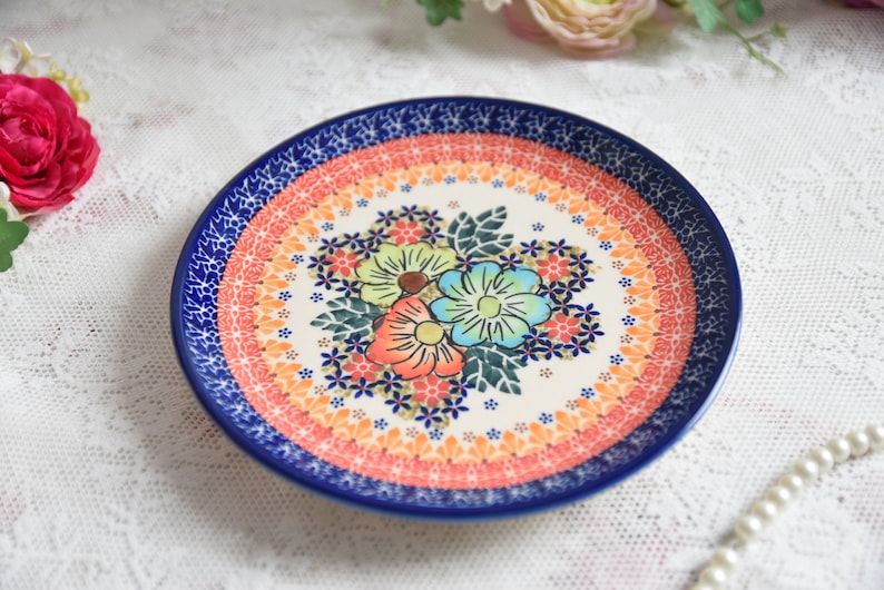 Boleslawiec polish pottery handmade plate flower garden art made in Poland image 5