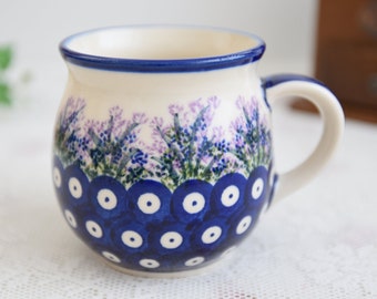 Handmade polish pottery mug with loop handle by Boleslawiec ceramic made in Poland