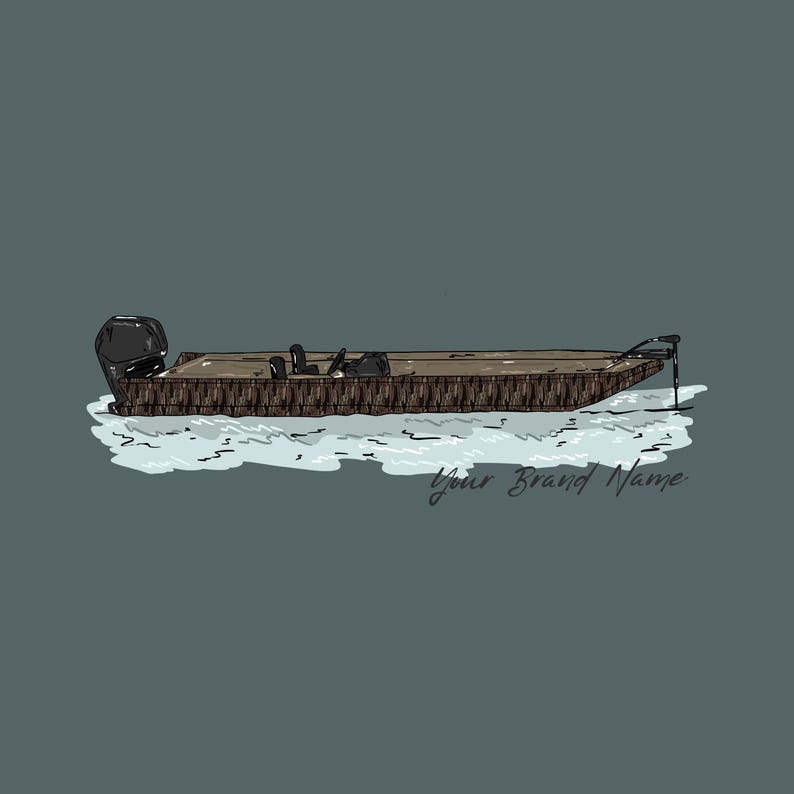 May include: A brown and black boat with a motor on the back, floating on the water. The boat is in a cartoon style and the water is depicted with white lines. The text "Your Brand Name" is written below the boat.