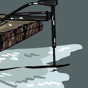 May include: A camouflage-patterned wooden platform with a black metal rod extending down into the water. The rod has a black handle at the top.
