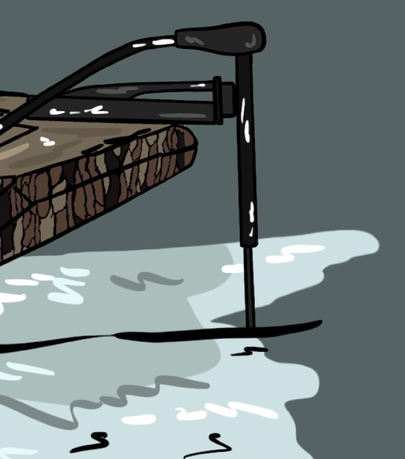 May include: A camouflage-patterned wooden platform with a black metal rod extending down into the water. The rod has a black handle at the top.