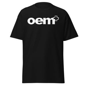 May include: Black t-shirt with a white graphic of the text "oem+ "