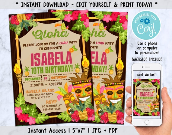 Editable Luau Birthday Invitation Hawaiian Aloha Birthday | Etsy