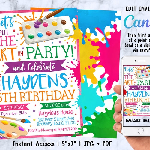 Paint Party Invitation Template Art Party Birthday Invite Etsy