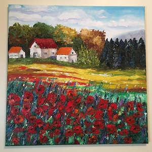 Farmhouse Poppies Landscape Flowers Field Trees Oil Painting Impasto Wall Art Impressionist 24x24