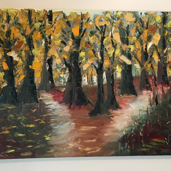 Landscape Forest Trees Autumn Painting Oil on Stretch Canvas Wall Art Impressionist "The Road not Taken" Robert Frost Inspired 18x24