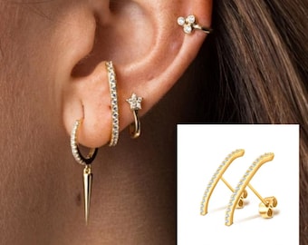 gift for her | 18k gold plated ear climbers arete ilusión illusion earrings crystal glass diamond earrings