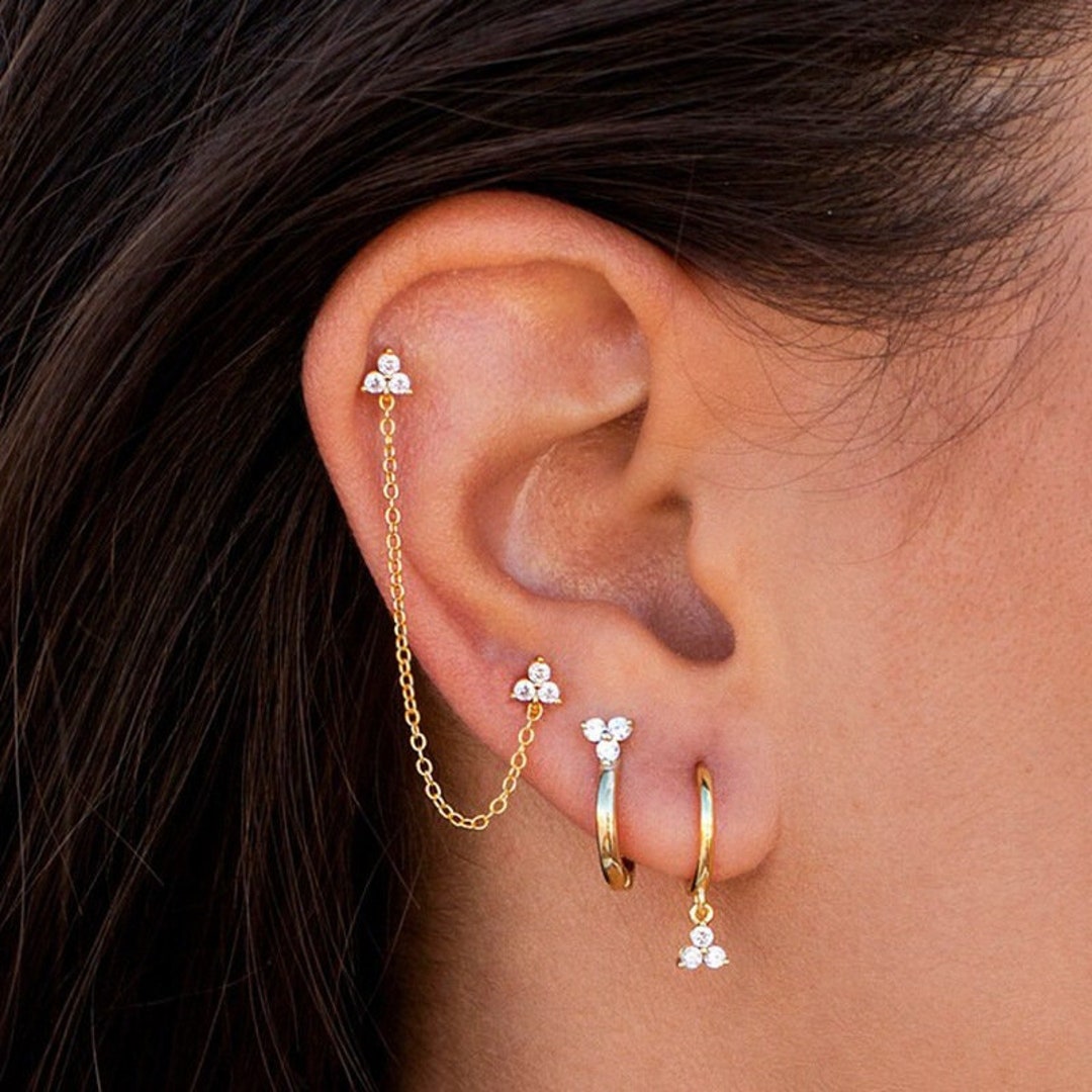 Minimalist Everyday Ear Stack Set 3 Pieces 18K Gold Plated Chain Stud(07)