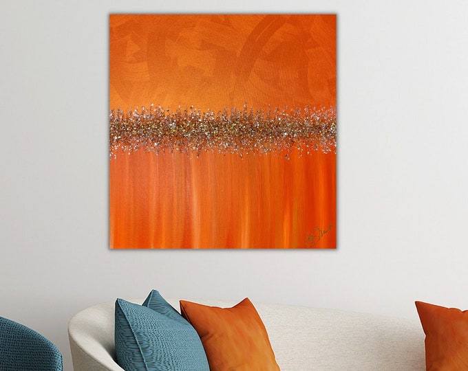 RESIN WALL ART - Glitter Wall Art - Trendy Large Canvas Art - Sparkly Crystal Wall Art - Resin Wall Hanging - orange Above Bed Art