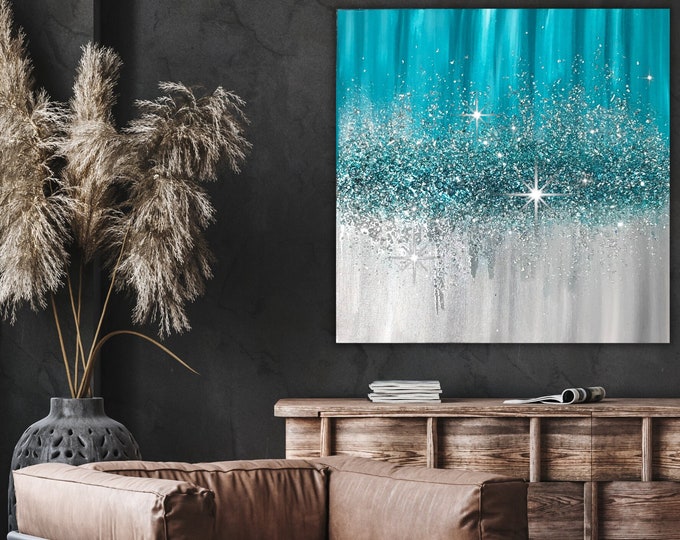 RESIN WALL ART, Glitter Canvas Art, Unique Wall Hangings, Minimalist Turquoise Glitter Canvas Art For Bedroom Décor, Glam Wall Art
