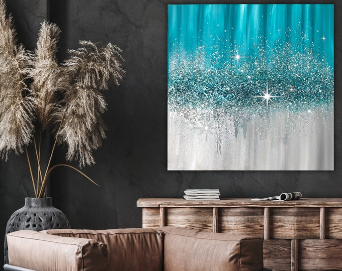 EPOXY RESIN ART, Glitter Canvas Art, Fashion Wall Art, Turquoise Sparkly Crystal Wall Art For Bedroom Décor, Minimalist Glam Wall Art
