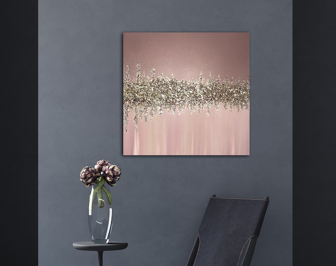 CRUSHED GLASS ART, Sparkling Wall Art, Glam Wall Art, Crushed Glass Blushed Glitter Canvas Wall Art, Minimalist Epoxy Resin Painting