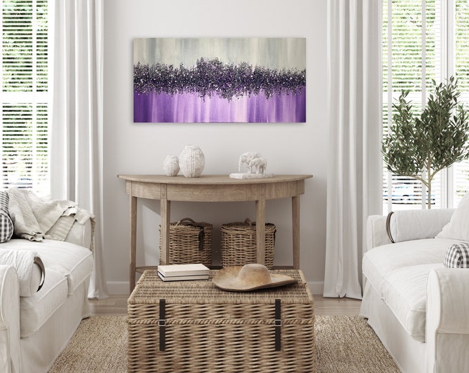 RESIN MOUNTAIN ART, Glitter Art Canvas, Sparkling Wall Art, Mystic Purple Silver Glitter Wall Art, Glamorous Wall Hangings Decor