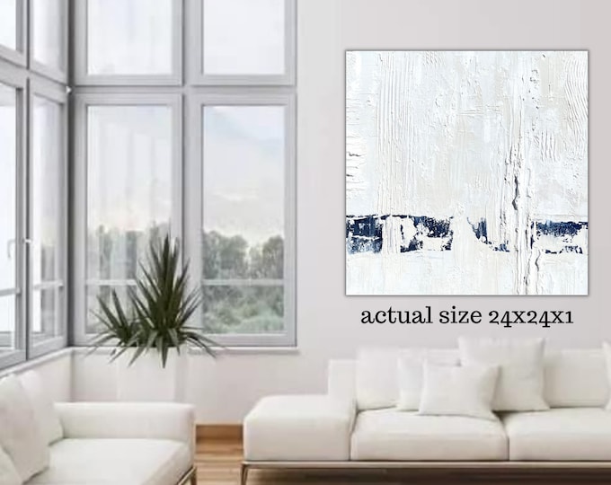 One of a kind Handmade White Painting w/ blue gild 3D Textured canvas, Minimal Abstract Art, Modern abstract painting for Living Room