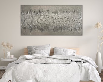 ARTE BRILLANTE CON BRILLO, Arte en vidrio triturado, Arte de pared glamoroso, Arte minimalista en lienzo con brillo plateado para decoración de dormitorio, Pintura acrílica para pared