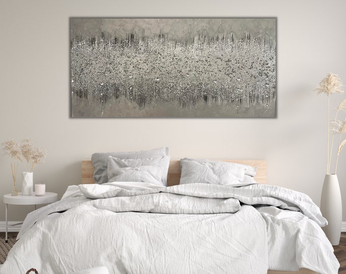 GLITTER SPARKLY ART, Crushed Glass Art, Glam Wall Art, Minimalist Silver Glitter Canvas Art For Bedroom Décor, Acrylic Wall Painting