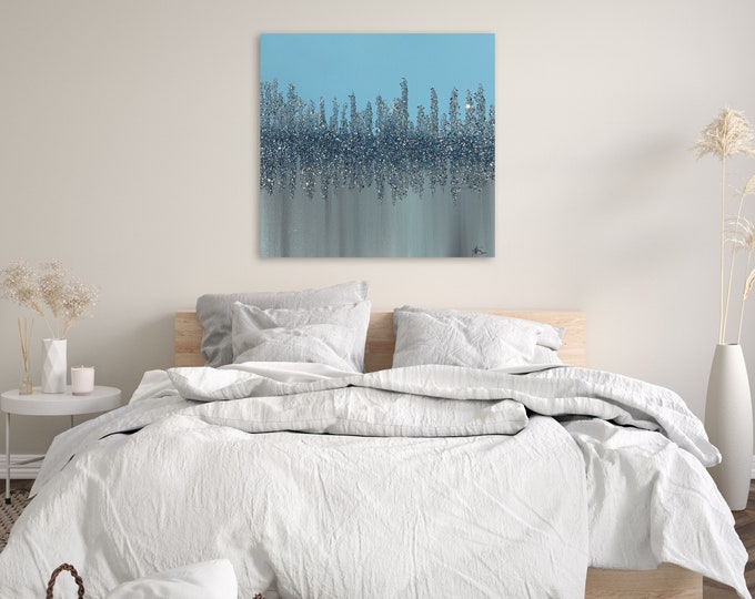 CRUSHED MIRROR ART, Glam Wall Art, Wall Hanging Art, Minimalist Blue Sugar Epoxy Resin Wall Art, Glitter Glass Art Decor