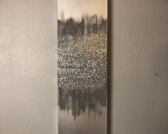 SILVER CRYSTAL ART, Glam Wall Art, Glass Art Décor, Silver Glitter Waterfall Crushed Mirror Wall Art, Original Sparkly Artwork
