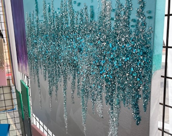 CRUSHED GLASS ART, Epoxy Resin Art, Sparkling Wall Art, Turquoise Crushed Glass Art With Acrylic Metallic Paint, Glam Painting