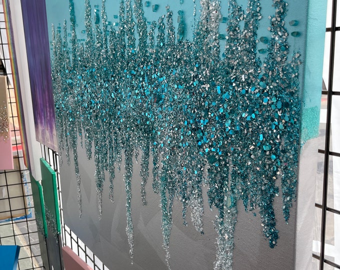 CRUSHED GLASS ART, Epoxy Resin Art, Sparkling Wall Art, Turquoise Crushed Glass Art With Acrylic Metallic Paint, Glam Painting