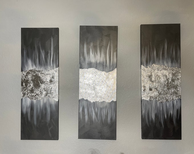 MINIMALIST ART, SPARKLING Wall Art, Fashion Wall Art, Black And Silver Sparkly Glitter Wall Art Set Of 3, Glam Wall Art For Bedroom Decor
