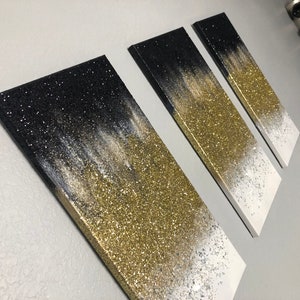 SPARKLING GLASS ART, Crushed Glass Art, Glam Wall Art, Black Diamonds Ombre Gold Wall Hangings Art, Black And White Silver Crushed Glass Art