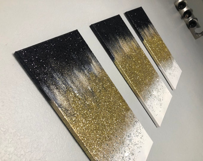 SPARKLING GLASS ART, Crushed Glass Art, Glam Wall Art, Black Diamonds Ombre Gold Wall Hangings Art, Black And White Silver Crushed Glass Art