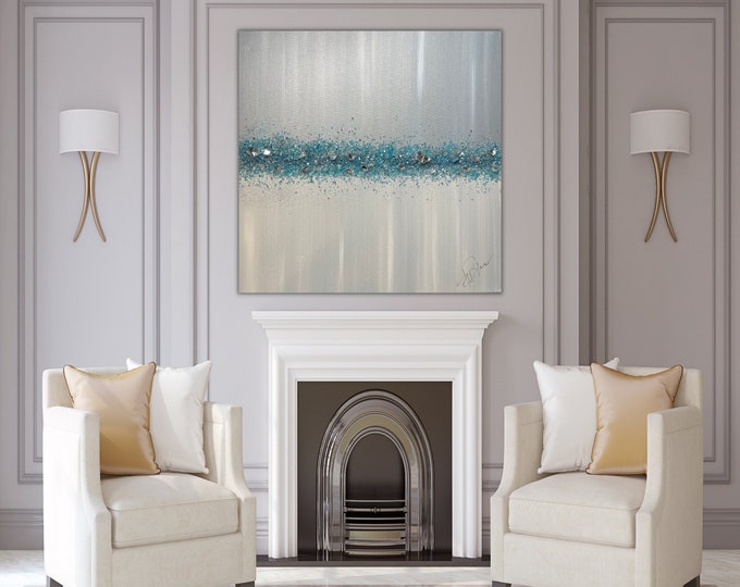 RESIN WALL ART - Glitter Wall Art - Trendy Large Canvas Art - Sparkly Crystal Wall Art - Resin Wall Hanging - Tiffany Blue Above Bed Art