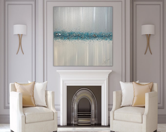 SPARKLING WALL ART, Designer Wall Art, Epoxy Resin Art, Sparkly Crystal Tiffany Blue Glitter Art, Minimalist Crushed Glass Art Decor