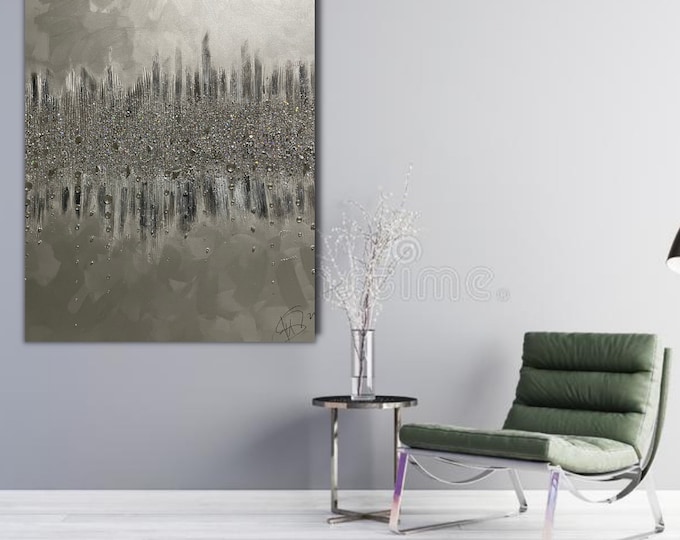 SPARKLY GLITTER ART, Crushed Glass Art, Glitter Glass Art, Minimalist Nyc Skyline Glitter Canvas Art For Bedroom Décor, Glam Wall Art