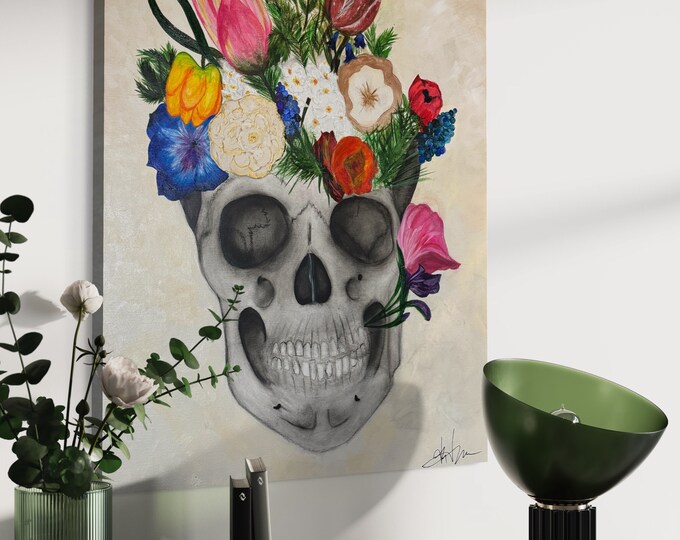 ACRYLIC ART PAINTING, Skull Painting, Floral Resonance Art, Decorative Canvas Wall Decor Painting, Colorful Painting Floral Skull Artwork