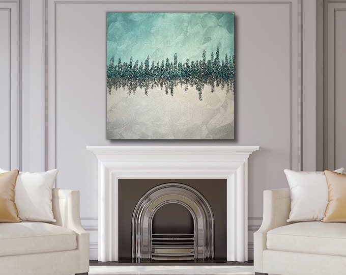 SPARKLY GLASS ART, Glam Wall Art, Crushed Glass Art, Glitter Canvas Turquoise Wall Hangings Art, Large Canvas Art For Living Room Decor