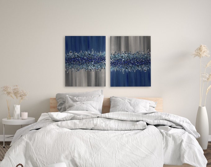 GLITTER CANVAS ART, Minimalist Art, Blue Glitter Art, Blue And Silver Jets Large Canvas Wall Art Housewarming Gift, Glam Glitter Art