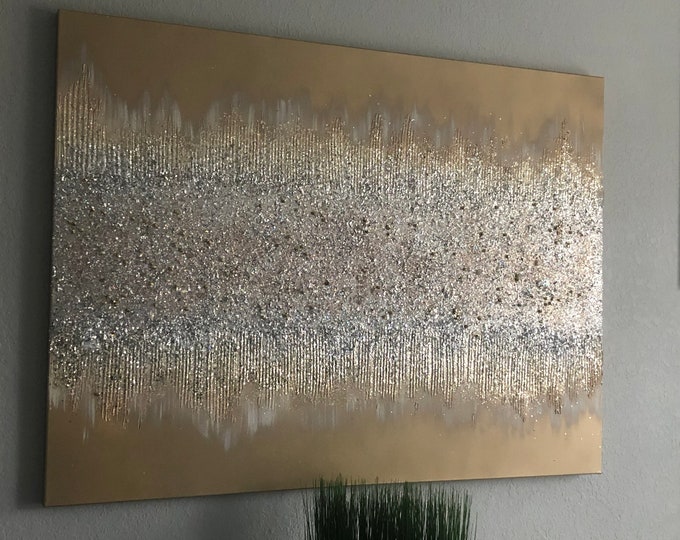 DESIGNER WALL ART, Crushed Glass Art, Wall Decor Canvas, Silver And Milky White Glitter Canvas Wall Art, Minimalist Large Canvas Art
