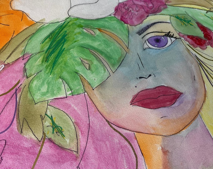 WOMEN FACE ART, Sketchy Wall Art, Floral Women Art, Large Canvas Contemporary Wall Hangings Art, Watercolors Painting Housewarming Gift