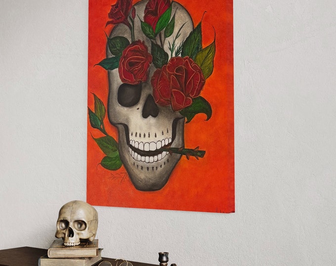 CANVAS ART PAINTING, Original Canvas Art, Decorative Painting, Original Decorative Eternal Bloom Stretched Canvas Painting, Skull Artwork