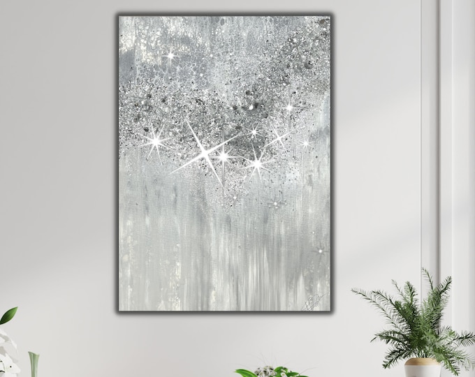 SILVER GLITTER ART, Sparkly Wall Art, Wall Decor Painting, Enchanted Dance Resin Sparkly Glitter Canvas Wall Decor Art, Glam Wall Art