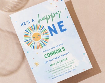 May include: A blue and white birthday invitation with a colorful sun graphic and the text "He's a happy one" and "Connor's 1st Birthday Party! May | 5 | 2024".